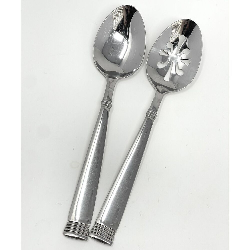 Wallace NAPOLI Glossy Serving Slotted Spoons 8 7/8” Stainless Flatware Set Of 2